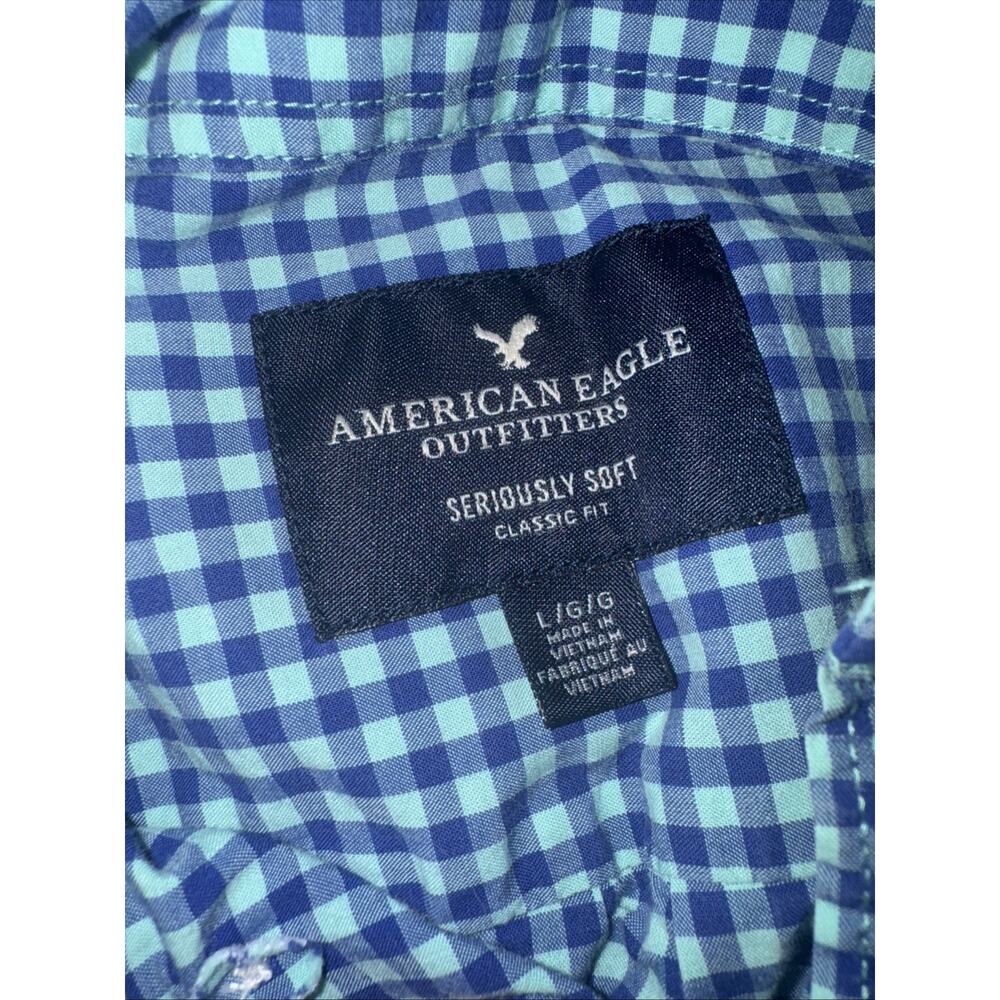American Eagle Shirt Large Blue Gingham Plaid Button-Front Cotton Mens (T11) - Picture 4 of 4